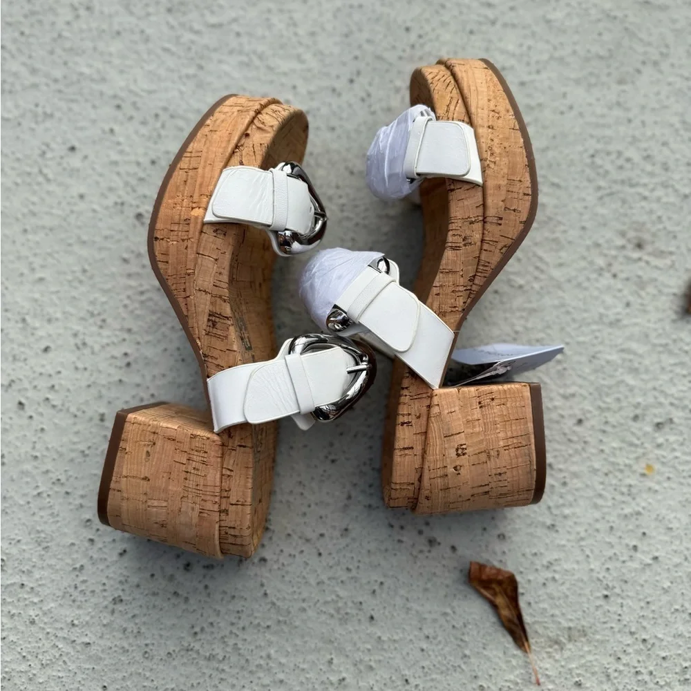 AEROSOLES White Cork Slide Sandals with Shiny Silver Buckles - Picture 5 of 10
